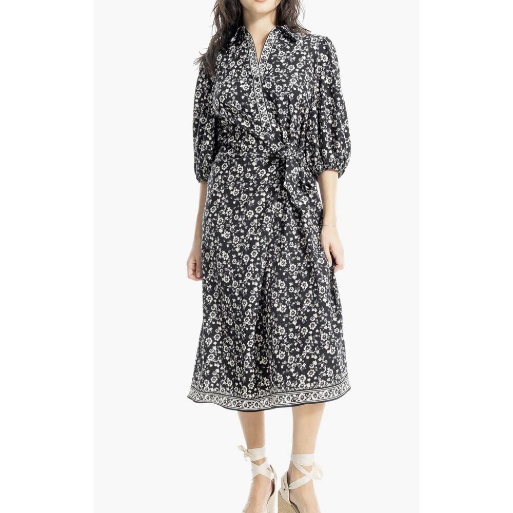Max Studio Puff Sleeve Shirtdress Size-M Black Flower Print